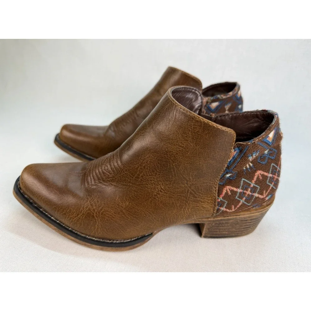 Roper Sedona Ankle‎ Boots Womens 7.5 Brown Faux Leather Aztec Print Western Boho